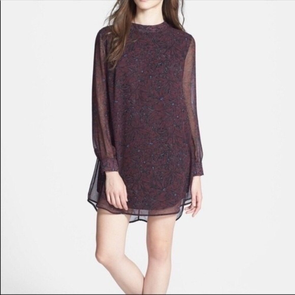 ASTR The Label Maroon Floral Print Chiffon Long Sleeve Cut Out Back Mini Dress